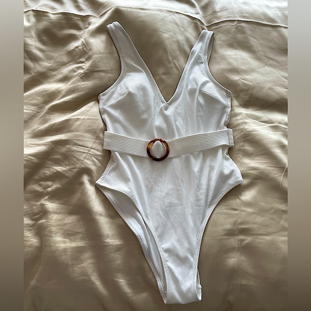 White one piece swimsuit with belt